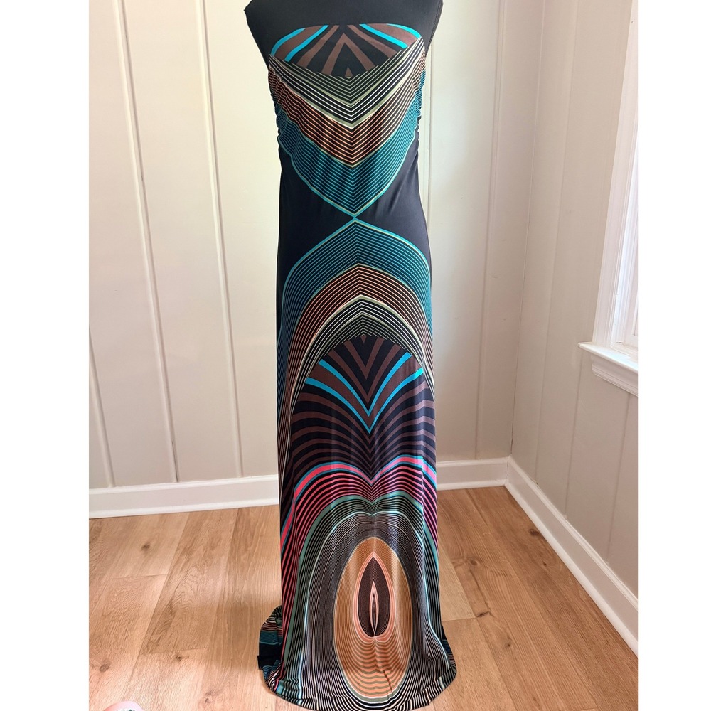 Freshine‎ Strapless Maxi Dress Geometric Abstract Print Multi-Color Long Gown
